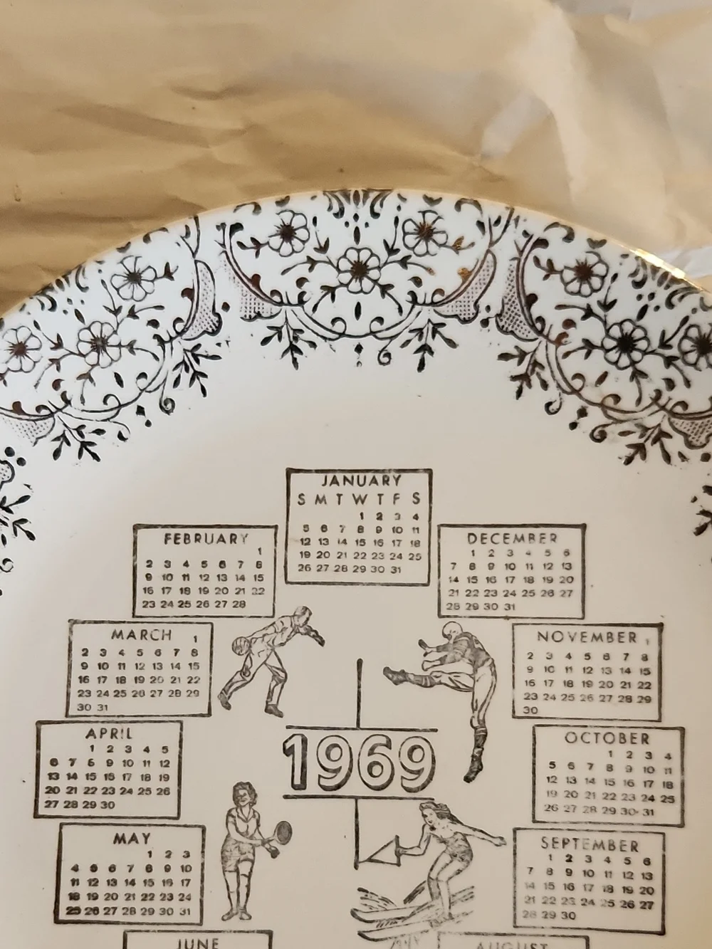 1969 Decorative Calendar Plate - Cream and Brown Accent